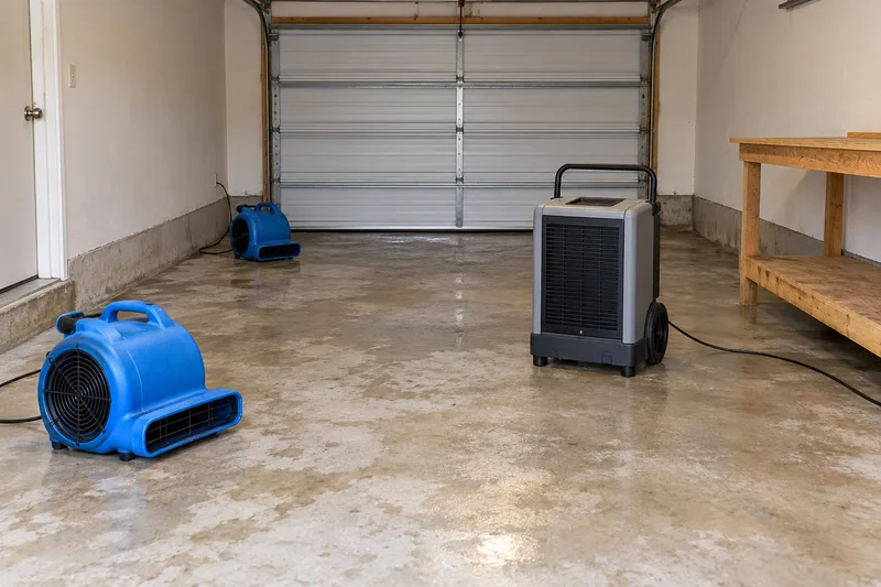 Conceptual moisture-management equipment in an attached garage after bulk water removal