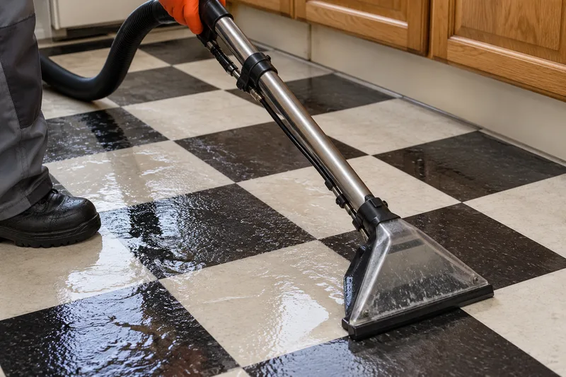 Conceptual extraction head and hose on patterned kitchen flooring